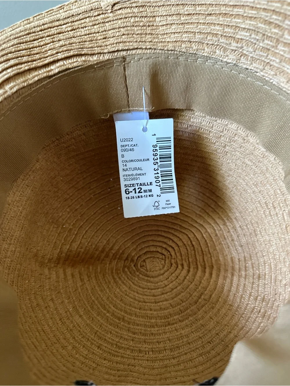 The Children's Place Baby Boy Bear Straw Sun Hat Black Band Sz 6-12 Mos NWT